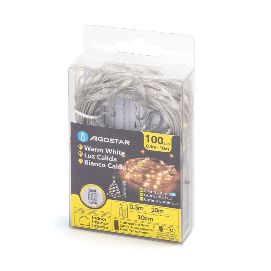 Aigostar - LED-lichtsnoer 100x LED/3x AA 10,3 m warm wit