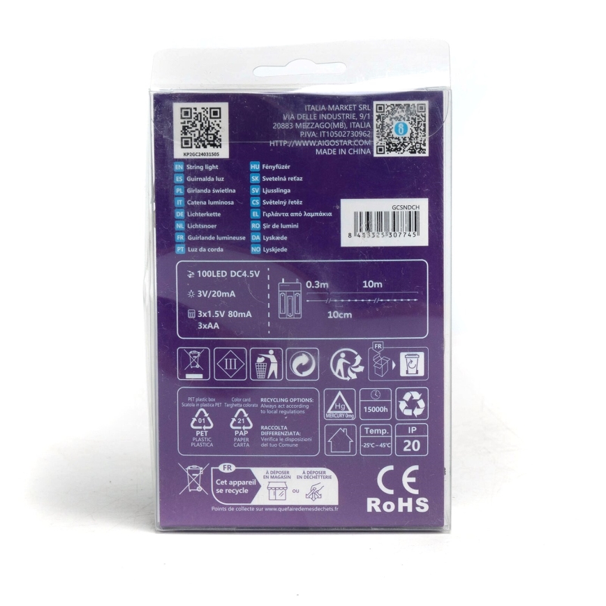 Aigostar - LED  lichtsnoer 100xLED/3xAA 10,3m koud wit