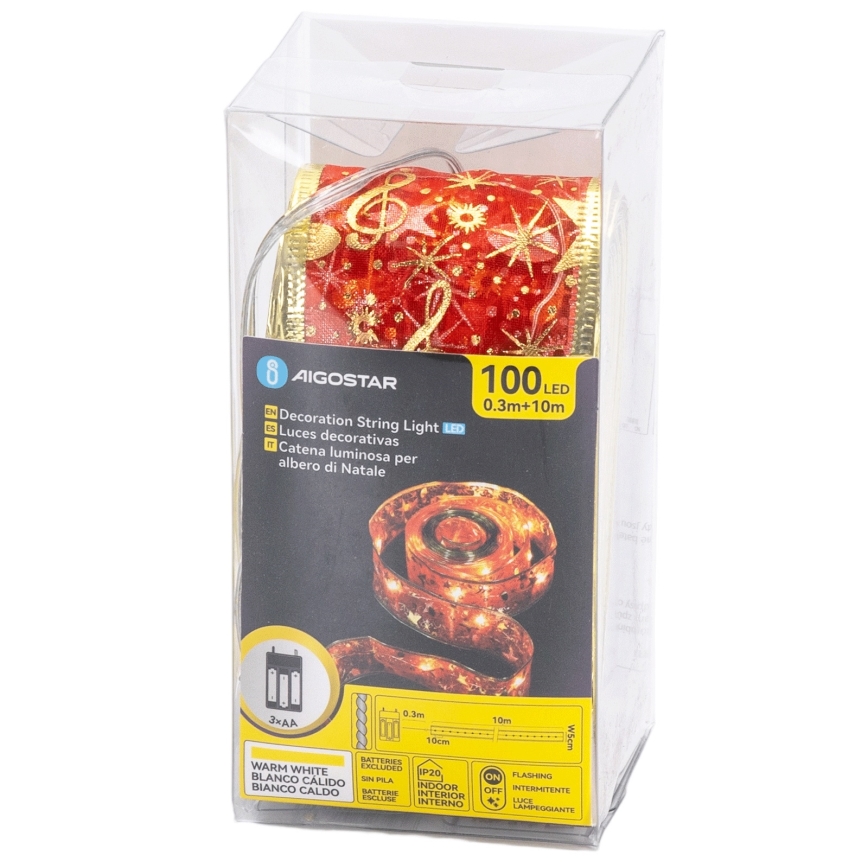 Aigostar - LED-lichtsnoer 100xLED/3xAA 10 m warmwit en rood