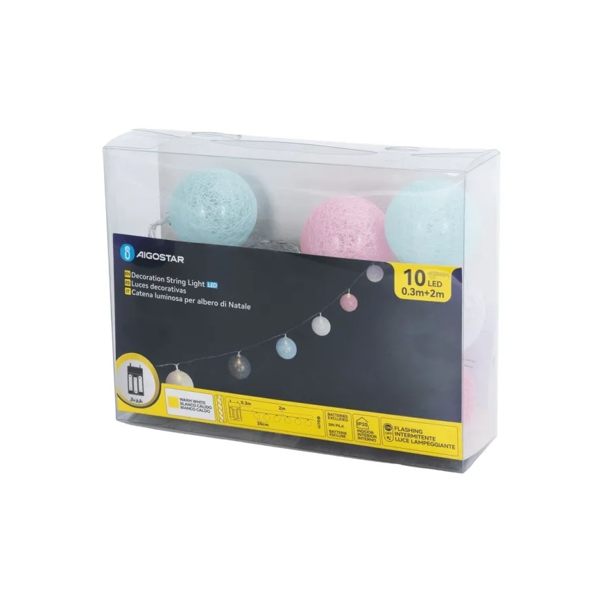 Aigostar - LED-lichtsnoer 10x LED / 3x AA, 2 m, warm wit