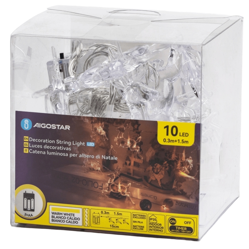 Aigostar - LED  lichtsnoer 10xLED/3xAA 1,5m warm wit herten