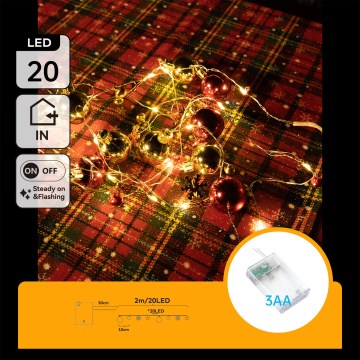 Aigostar - LED-lichtsnoer 20x LED / 3x AA, 2 m, warm wit