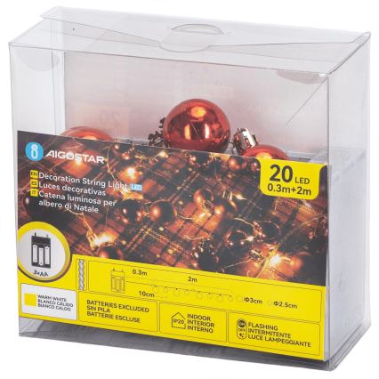Aigostar - LED-lichtsnoer 20xLED/3xAA 2m warm wit