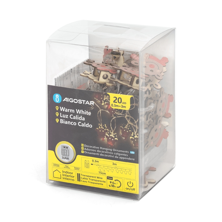 Aigostar - LED  lichtsnoer 20xLED/3xAA 3m warm wit rendier