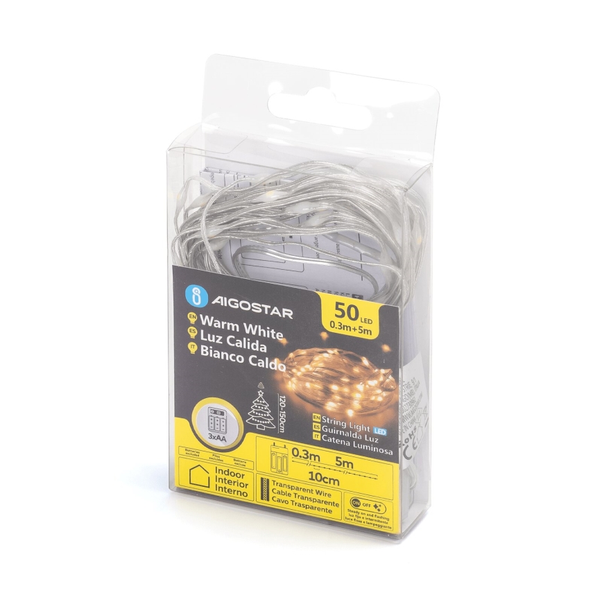 Aigostar - LED-lichtsnoer 50 LEDs / 3x AA, 5,3 m, warm wit