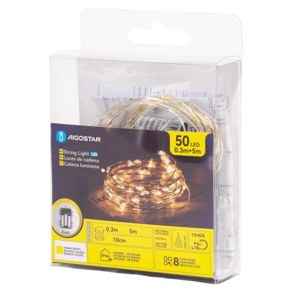 Aigostar - LED-lichtsnoer voor buiten 50xLED/3xAA 5,3 m warm wit