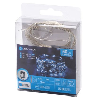 Aigostar - LED-lichtsnoer voor buiten, 50x LED / 3x AA, 5,3 m, koud wit