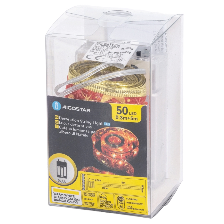 Aigostar - LED  lichtsnoer 50xLED/3xAA 5m warm wit rood