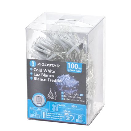 Aigostar - LED buiten  lichtsnoer 100xLED/8 functies/3xAA 10,3m IP44 koel wit