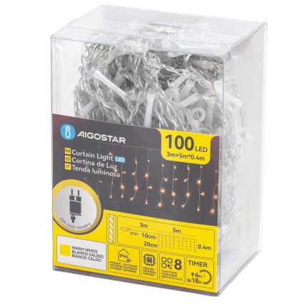 Aigostar - LED-lichtsnoer voor buiten, 100x LED, 8 functies, 5x0,4 m, IP44, warm wit