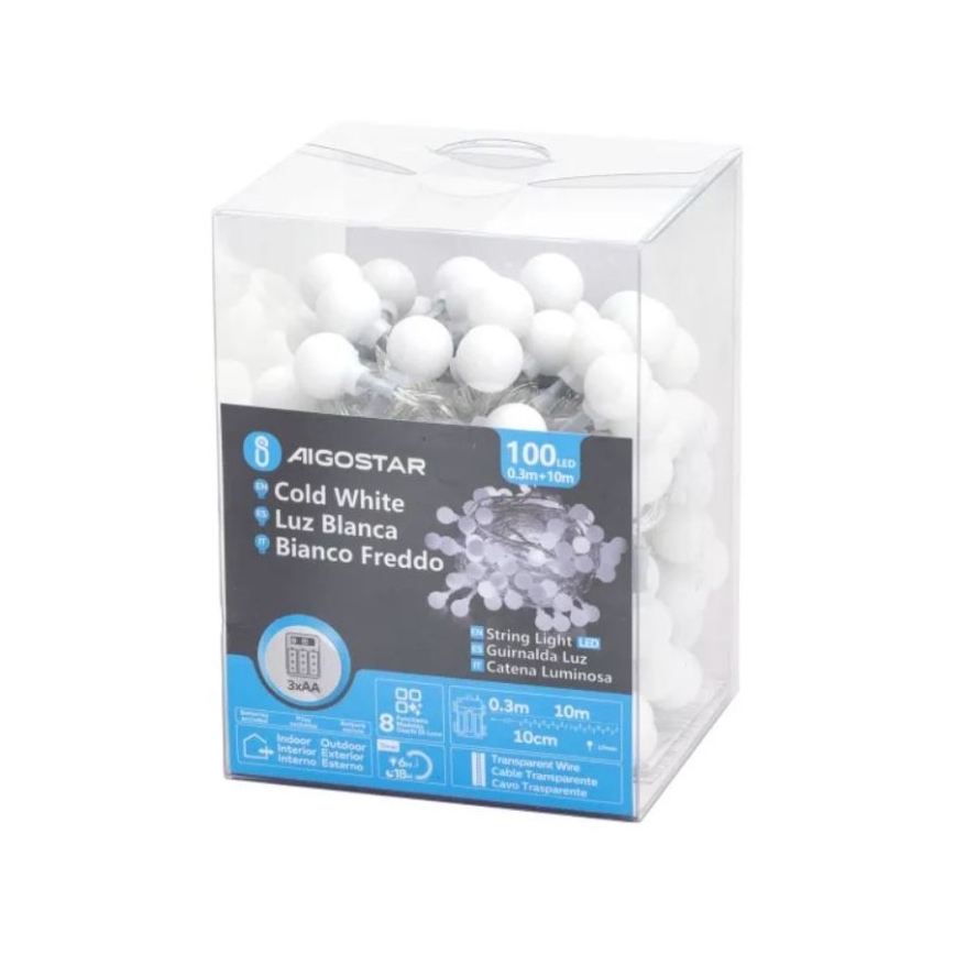 Aigostar - LED Kerst lichtsnoer voor buiten 100xLED/3xAA/8 Functies 10,3 m IP44 koud wit