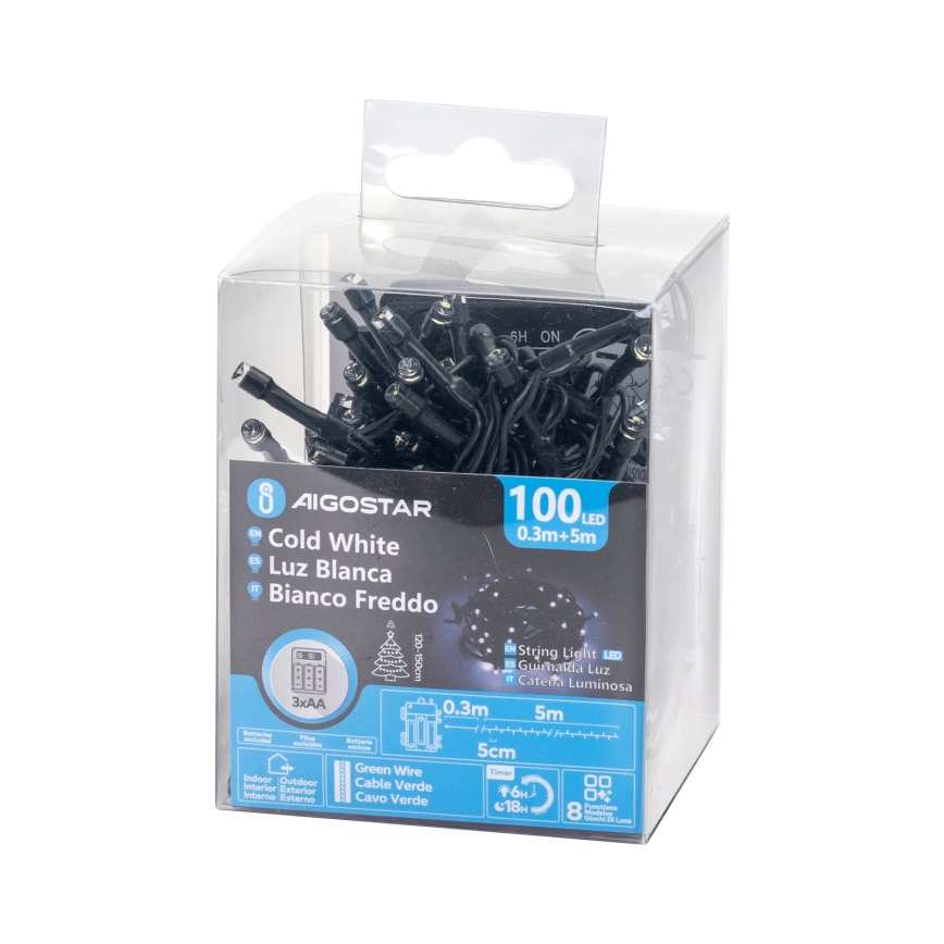 Aigostar - LED-lichtsnoer voor buiten, 100 LED / 8 functies, 3×AA, 5,3 m, IP44, koel wit