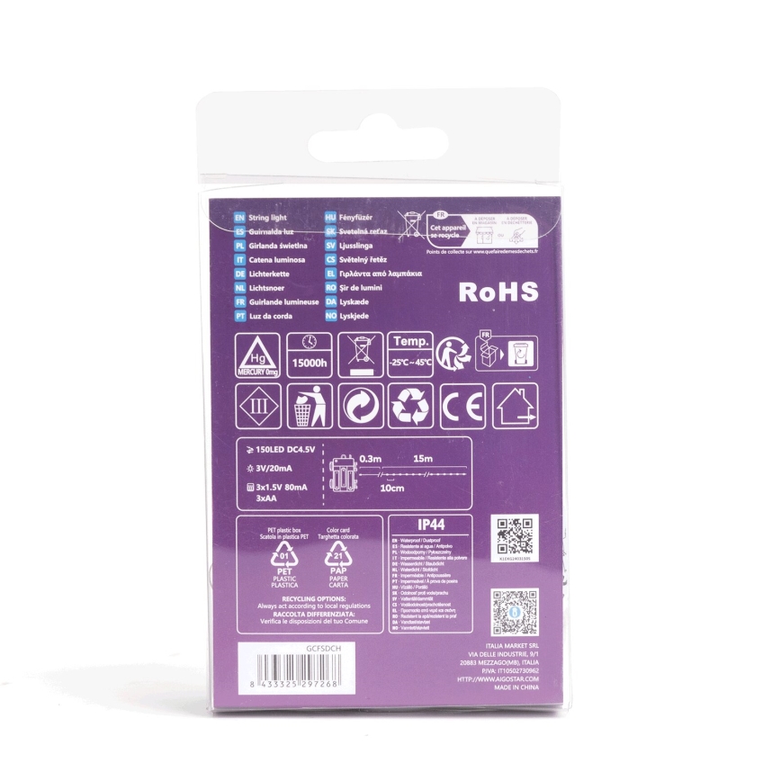 Aigostar - LED-lichtsnoer voor buiten 150xLED/8 functies/3xAA 15,3m IP44 koel wit