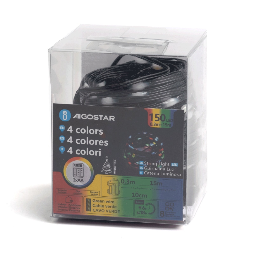 Aigostar - LED-lichtsnoer voor buiten 150xLED/8 functies 3xAA 15,3 m IP44 meerkleurig