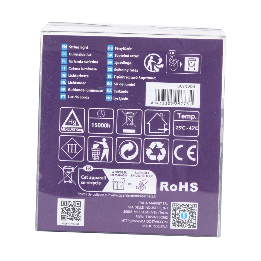 Aigostar - LED-lichtsnoer voor buiten, 200 LED-lampjes, 8 functies, 3× AA-batterijen, 10,3 m, IP44, meerkleurig
