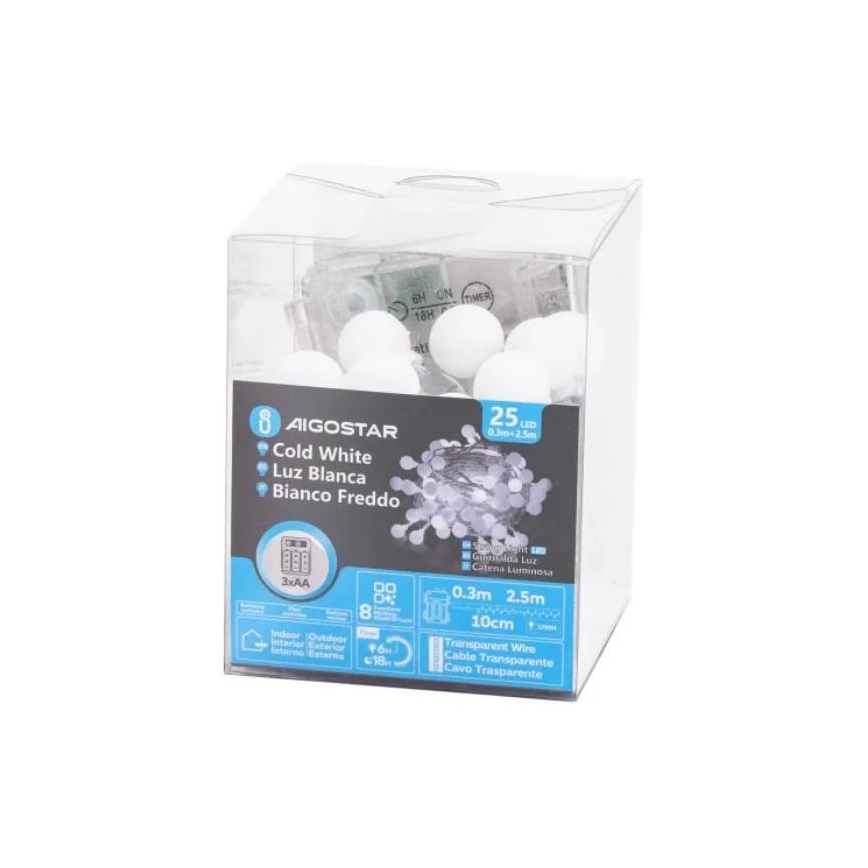 Aigostar - LED Kerst lichtsnoer voor buiten 25xLED/3xAA/8 Functies 2,8 m IP44 koud wit