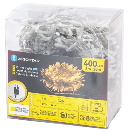 Aigostar - LED buitenlichtsnoer 400xLED/8 functies 20m IP44 warm wit