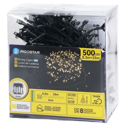 Aigostar - LED-lichtsnoer voor buiten 500xLED/8 functies 4xAA 25,3 m IP44 warm wit