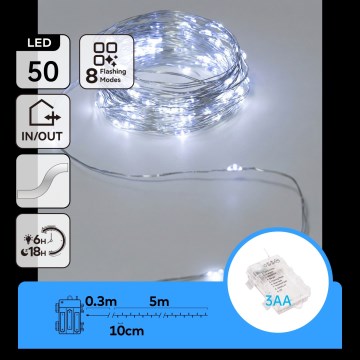 Aigostar - LED-lichtsnoer voor buiten, 50x LED / 3x AA, 5,3 m, koud wit
