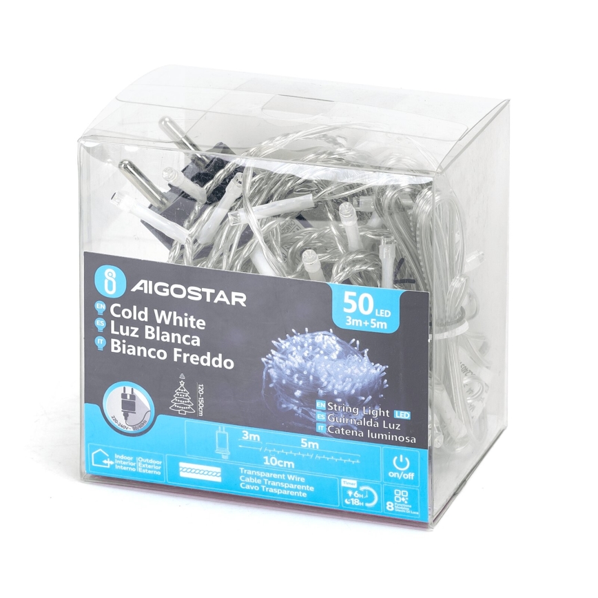 Aigostar - LED-lichtsnoer voor buiten 50x LED/8 functies 8m IP44 koud wit
