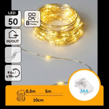 Aigostar - LED lichtsnoer voor buiten 50xLED/8 functies 3xAA 5,3 m warm wit