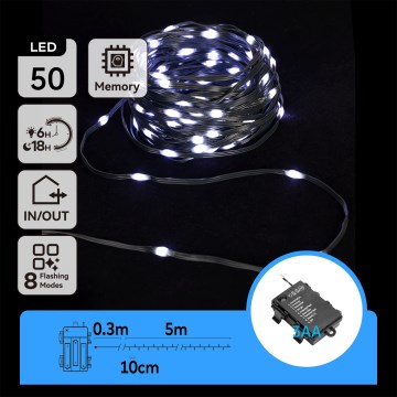 Aigostar - LED-lichtsnoer voor buiten 50xLED/8 functies 3xAA 5,3m IP44 koelwit