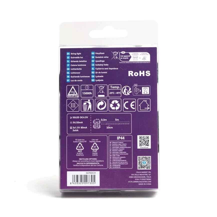 Aigostar - LED-lichtsnoer voor buiten 50xLED/8 functies 3xAA 5,3m IP44 warm wit