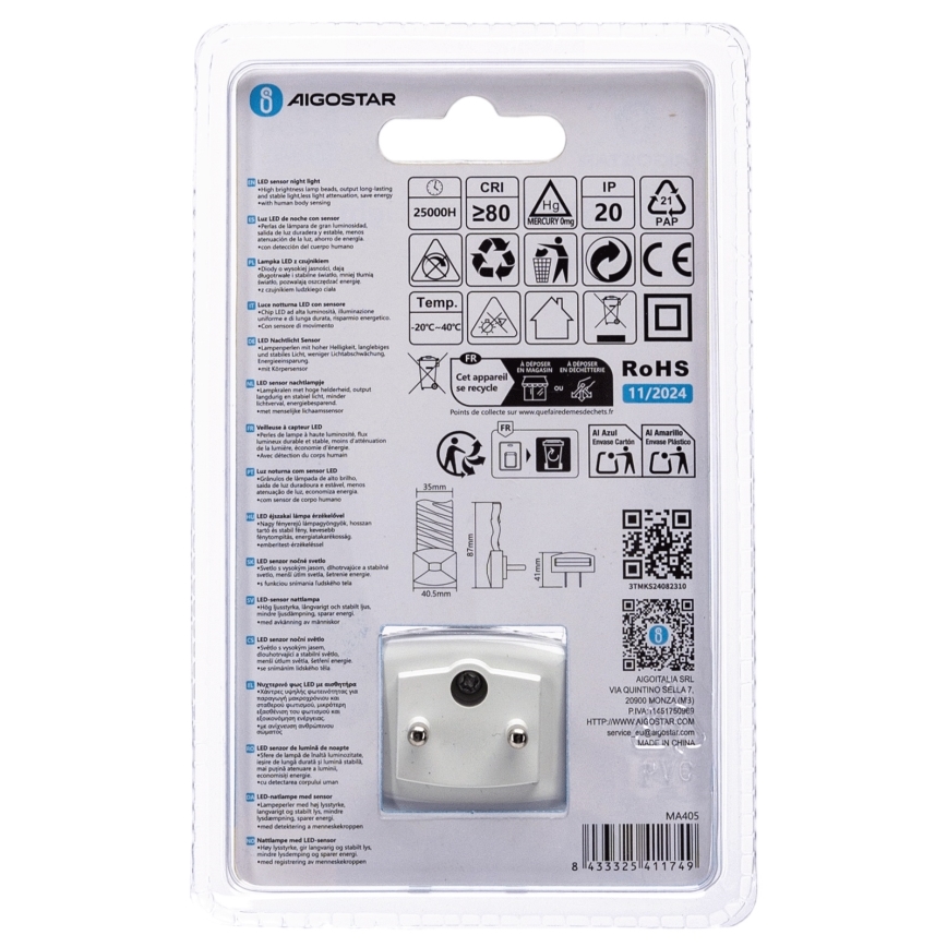 Aigostar - LED Nachtlampje met schemersensor LED/0,2W/230V 3000K