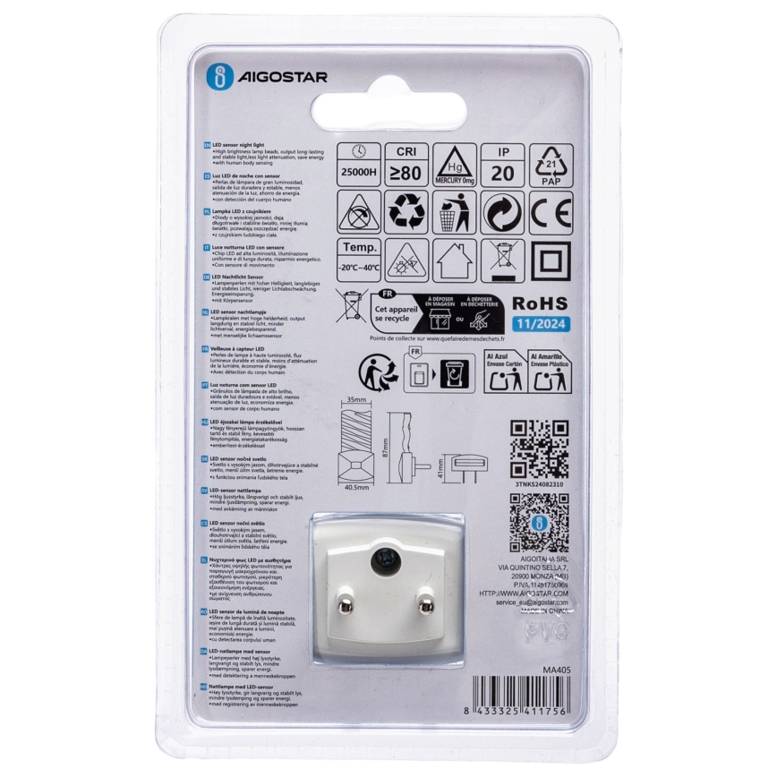 Aigostar - LED Nachtlampje met schemersensor LED/0,2W/230V 6500K