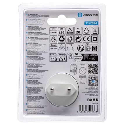 Aigostar - LED Nachtlampje met schemersensor LED/0,5W/230V 3000K