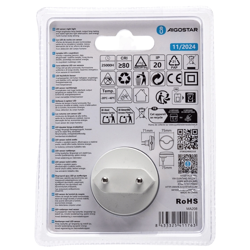 Aigostar - LED Nachtlampje met schemersensor LED/0,5W/230V 3000K