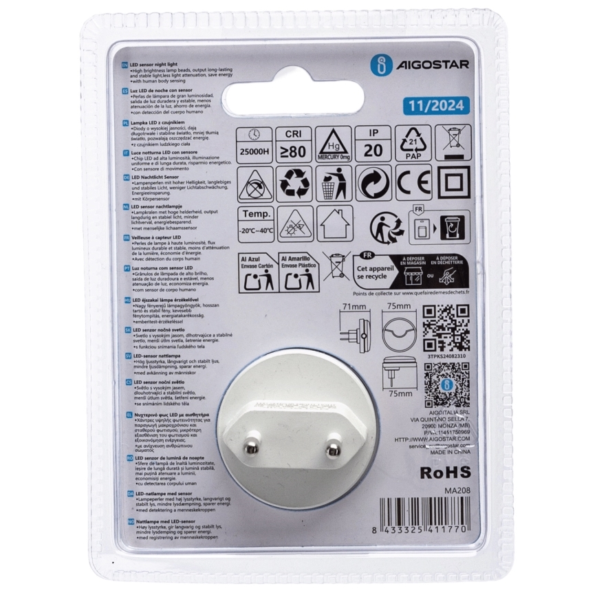Aigostar - LED Nachtlampje met schemersensor LED/0,5W/230V 6500K