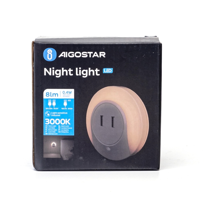 Aigostar - LED-nachtlampje met schemersensor voor in het stopcontact met USB LED/0,4W/230V