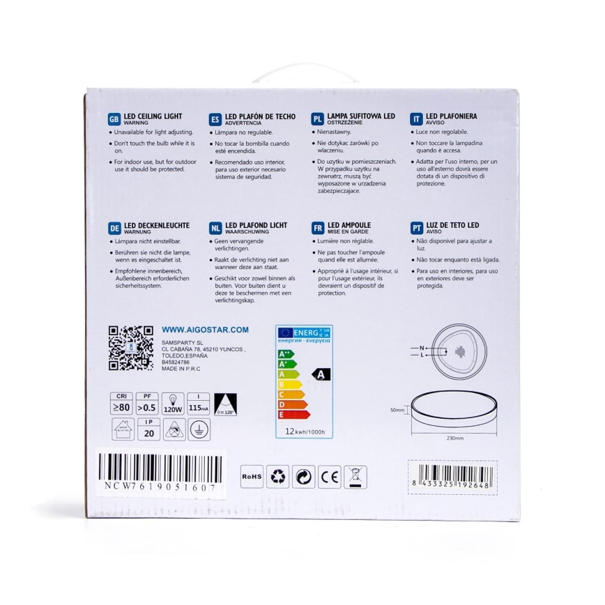 Aigostar - LED Plafondlamp LED/12W/230V 3000K d. 23 cm wit