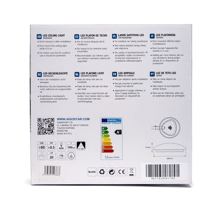 Aigostar - LED-plafondlamp met sensor LED/12W/230V 3000K Ø 28 cm