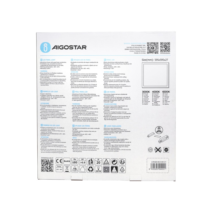 Aigostar - LED-Plafondpaneel LED/40W/230V 3000K/4000K/6500K 60x60cm wit