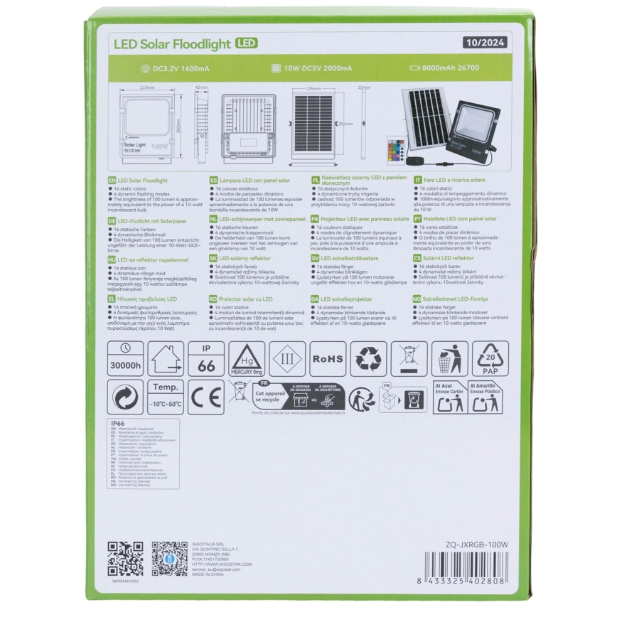 Aigostar - LED RGB Dimbare zonne-schijnwerper LED/100W/3,2V IP66 + afstandsbediening