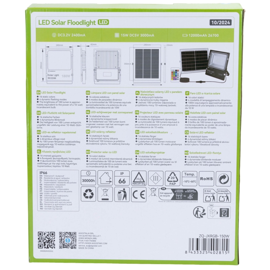Aigostar - LED RGB Dimbare zonne-schijnwerper LED/150W/3,2V IP66 + afstandsbediening