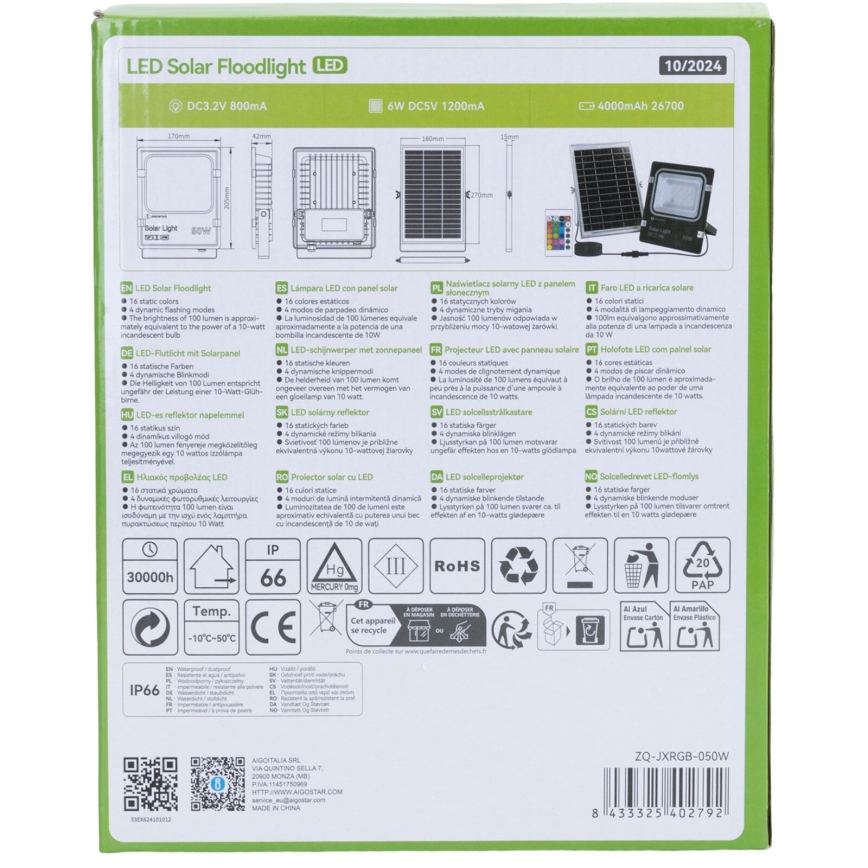 Aigostar - LED RGB Dimbare zonne-schijnwerper LED/50W/3,2V IP66 + afstandsbediening
