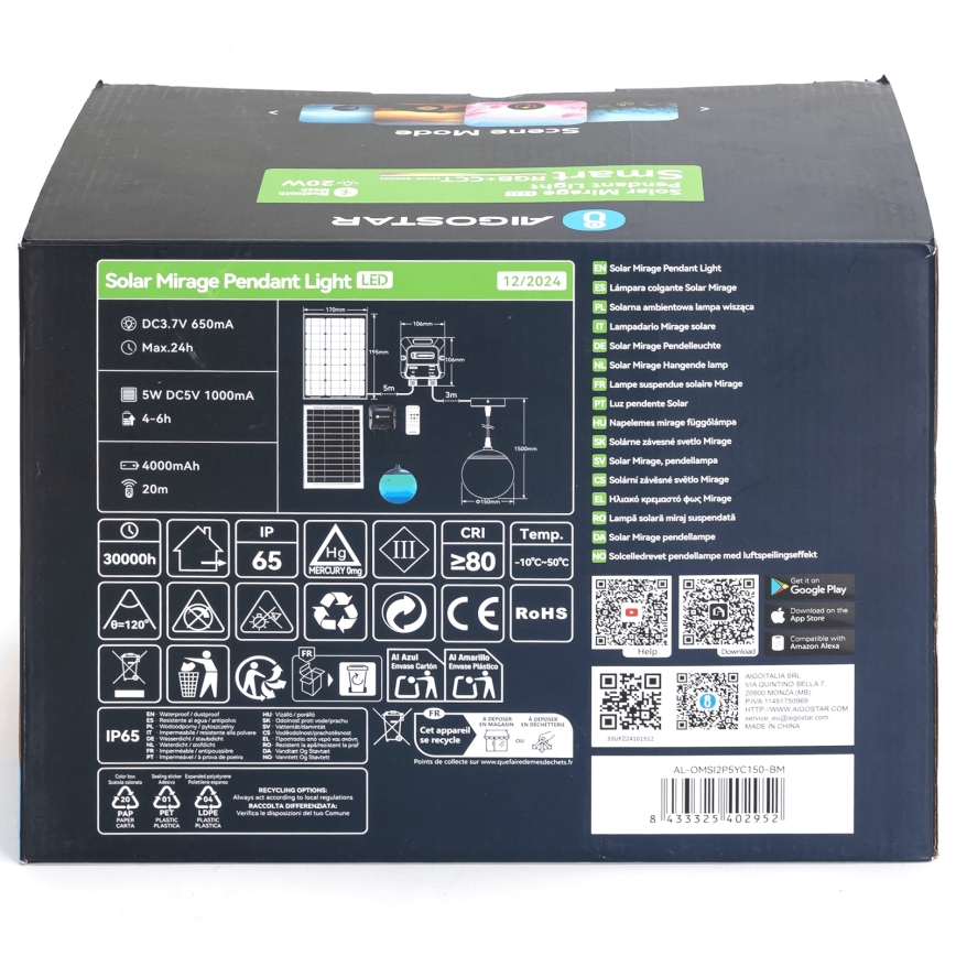 Aigostar - LED RGB Dimbare zonnekroonluchter MESH LED/20W/3,7V 4000 mAh 2700K-6500K IP65 diameter 15 cm