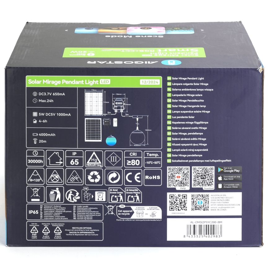 Aigostar - LED RGB Dimbare zonnekroonluchter MESH LED/20W/3,7V 4000 mAh 2700K-6500K IP65 diameter 20 cm