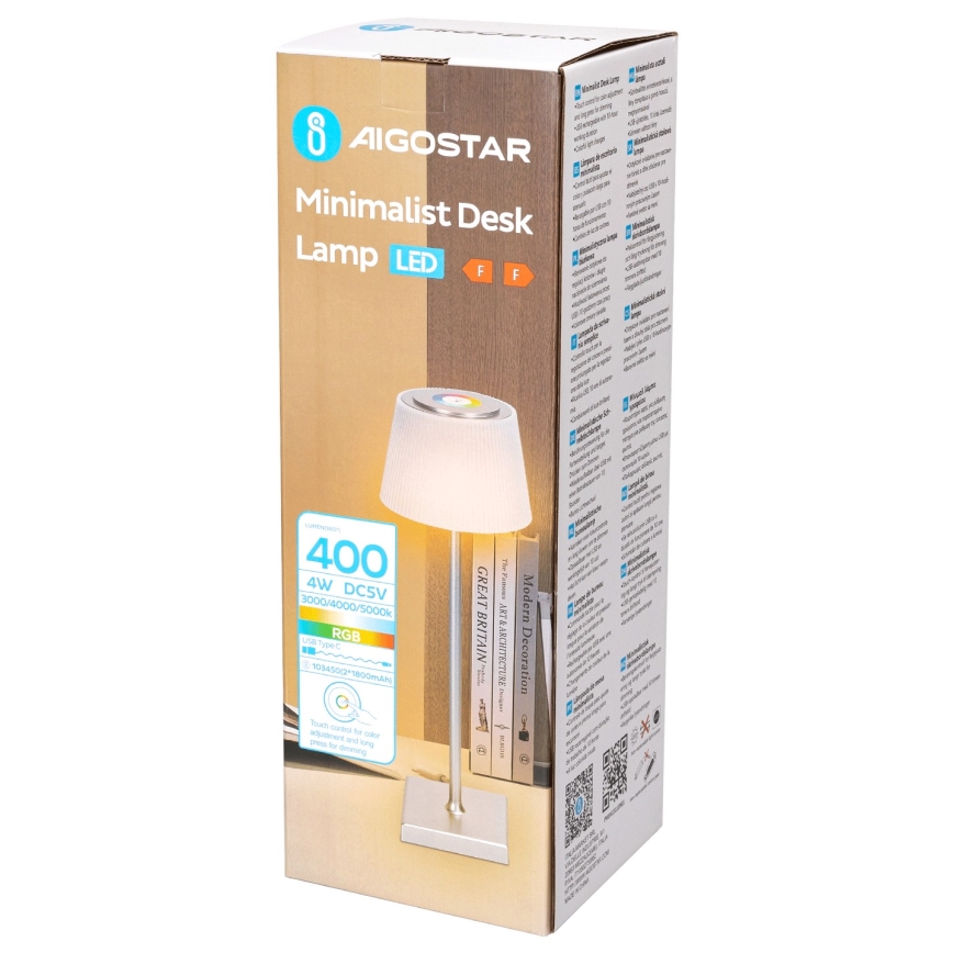 Aigostar - LED RGBW Buiten dimbare oplaadbare tafellamp LED/4W/5V 3600mAh wit/mat chroom IP54