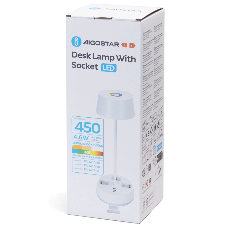 Aigostar - RGBW Dimbaar LED Bureau Lamp met Power Outlets en USB LED/4.6W/230V 3000/4000/6500K White