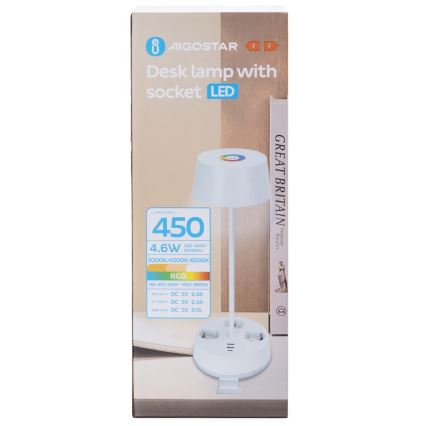Aigostar - RGBW Dimbaar LED Bureau Lamp met Power Outlets en USB LED/4.6W/230V 3000/4000/6500K White