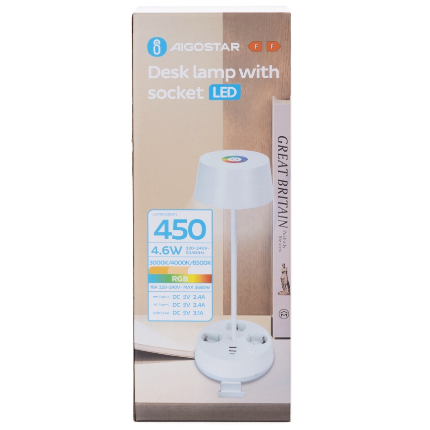 Aigostar - RGBW Dimbaar LED Bureau Lamp met Power Outlets en USB LED/4.6W/230V 3000/4000/6500K White