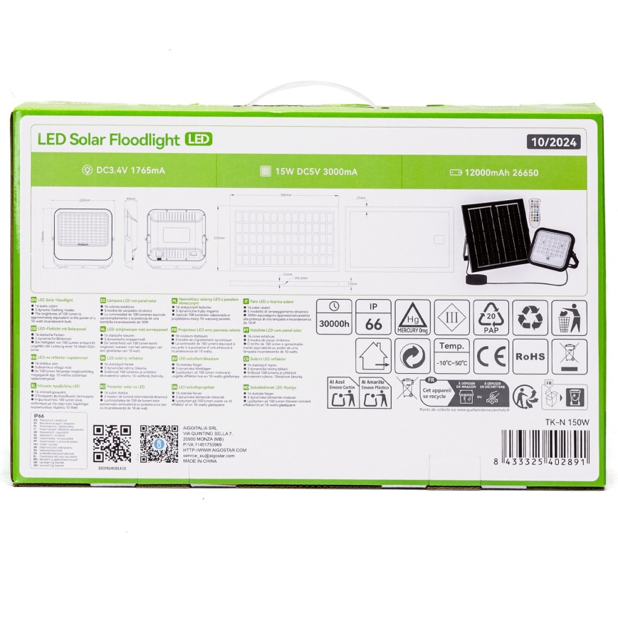 Aigostar - LED RGBW Dimbare zonne-schijnwerper LED/150W/3,4V IP66 12000 mAh + afstandsbediening