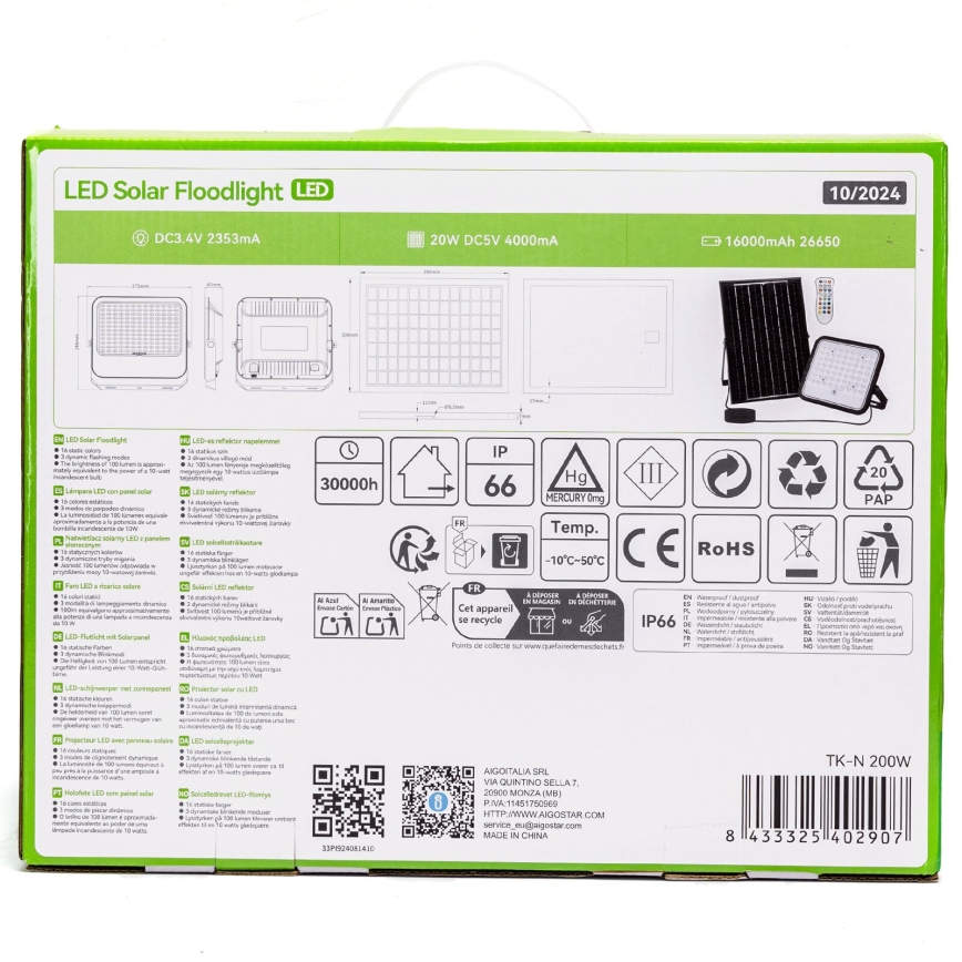 Aigostar - LED RGBW Dimbare zonne-schijnwerper LED/200W/3,4V IP66 + afstandsbediening