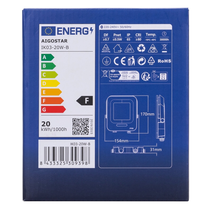 Aigostar - LED RGBW Dimbare schijnwerper MESH Smart LED/20W/230V 6500K IP65 + afstandsbediening