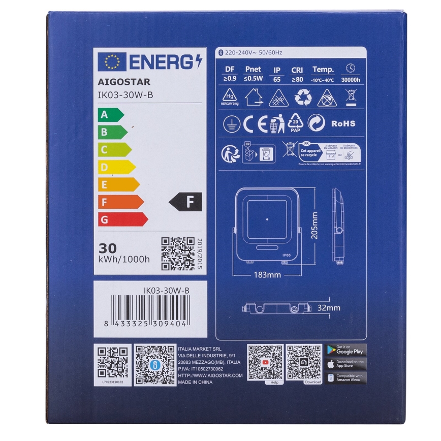 Aigostar - LED RGBW Dimbare schijnwerper MESH Smart LED/30W/230V 6500K IP65 + afstandsbediening
