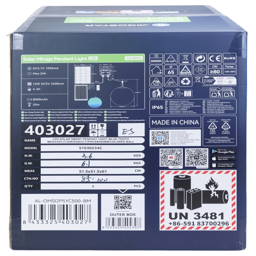 Aigostar - LED RGBW Dimbare zonnekroonluchter MESH LED/35W/3,7V 8000 mAh 2700K-6500K IP65 diameter 50 cm
